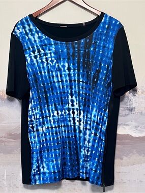 Elie Tahari Top Silk Blend Tie-Dye Abstract Shibori Side Zip Blouse Blue Black L